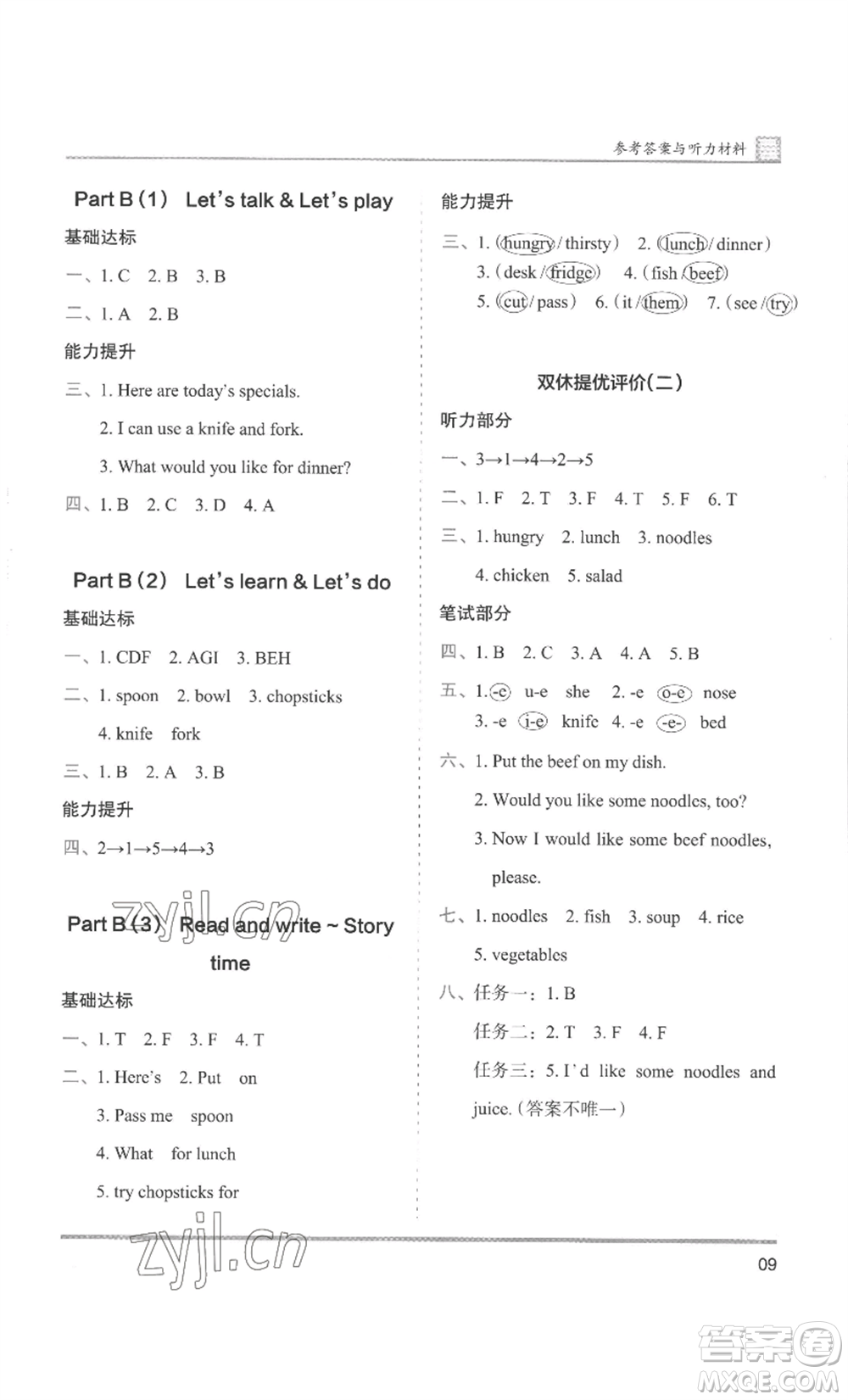 湖南師范大學(xué)出版社2022木頭馬分層課課練四年級(jí)上冊(cè)英語(yǔ)人教版參考答案