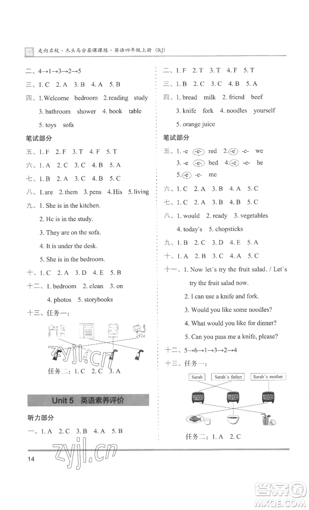 湖南師范大學(xué)出版社2022木頭馬分層課課練四年級(jí)上冊(cè)英語(yǔ)人教版參考答案