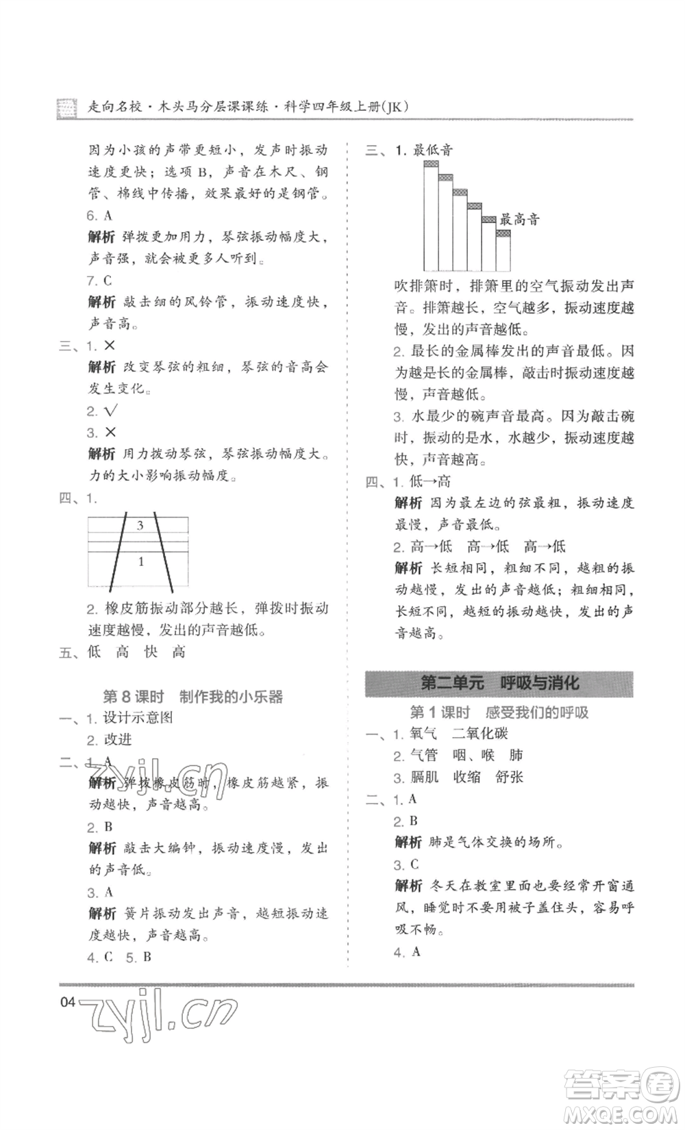 湖南師范大學(xué)出版社2022木頭馬分層課課練四年級(jí)上冊(cè)科學(xué)教科版參考答案