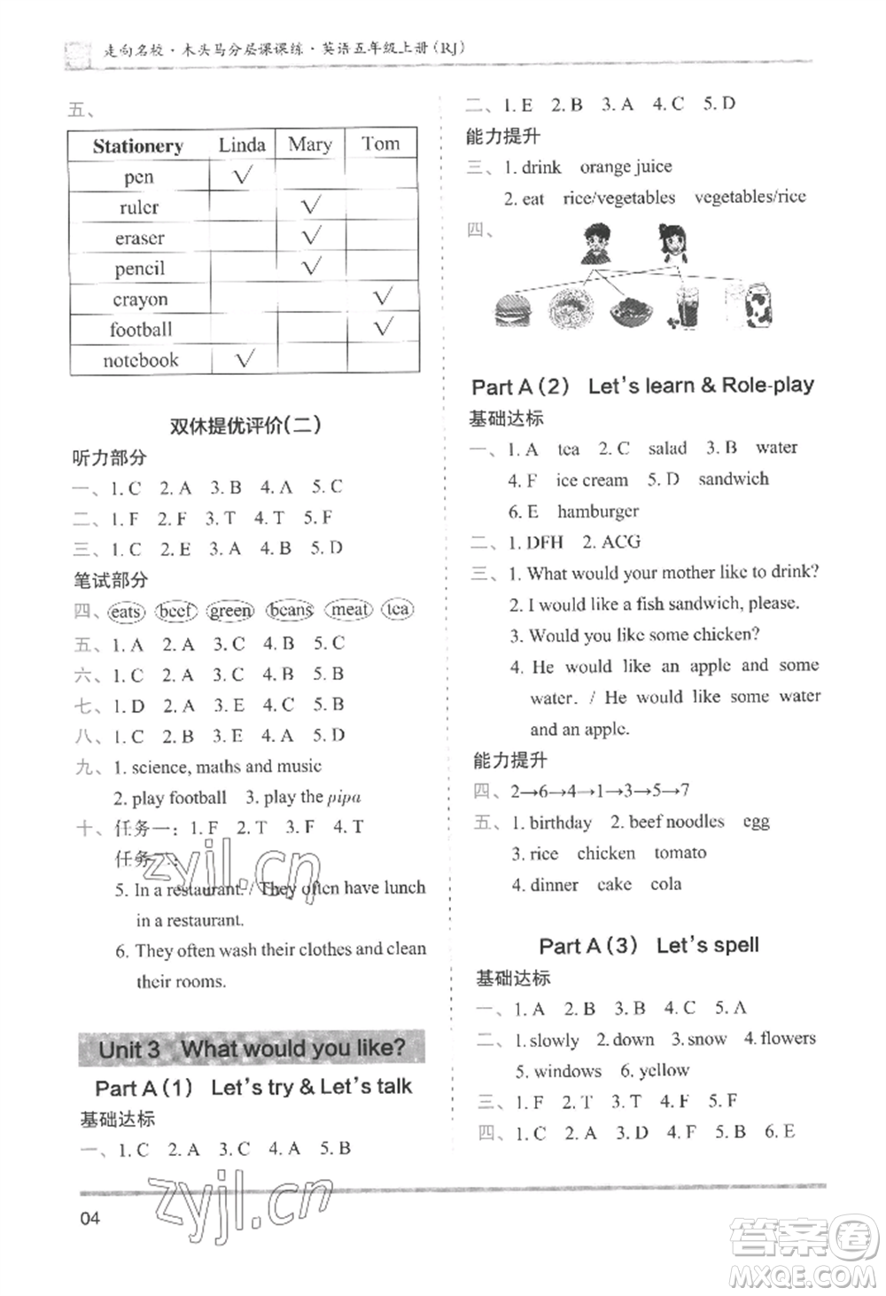 湖南師范大學(xué)出版社2022木頭馬分層課課練五年級上冊英語人教版參考答案