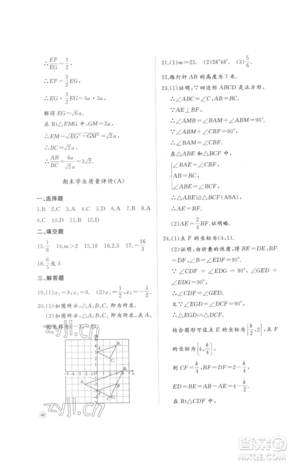 山東友誼出版社2022精練課堂分層作業(yè)九年級上冊數學北師大版參考答案