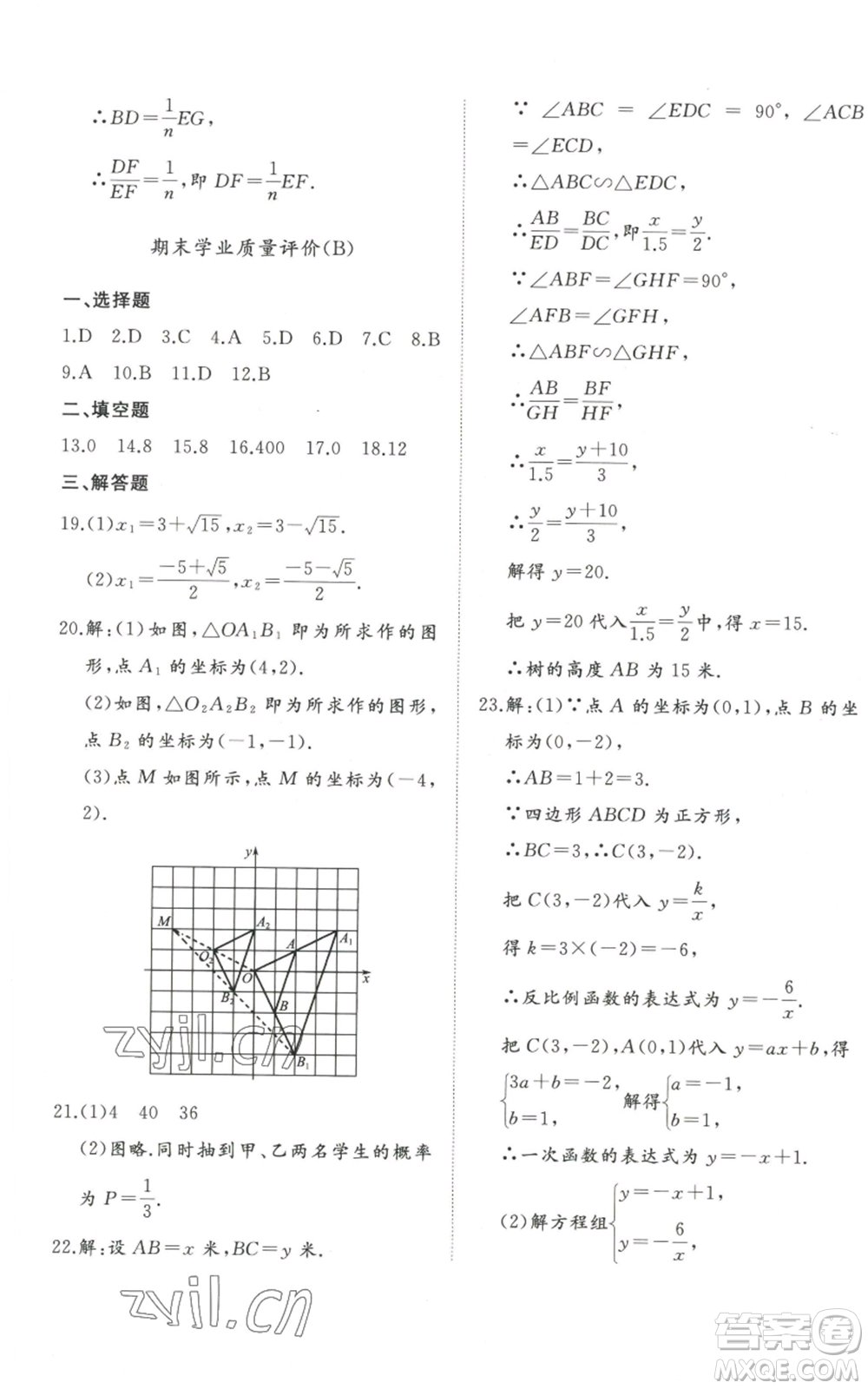 山東友誼出版社2022精練課堂分層作業(yè)九年級上冊數學北師大版參考答案