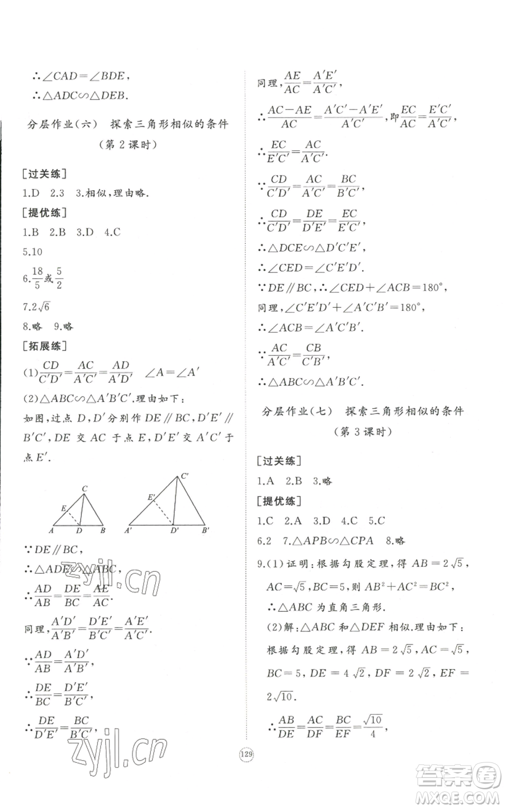 山東友誼出版社2022精練課堂分層作業(yè)九年級上冊數學北師大版參考答案