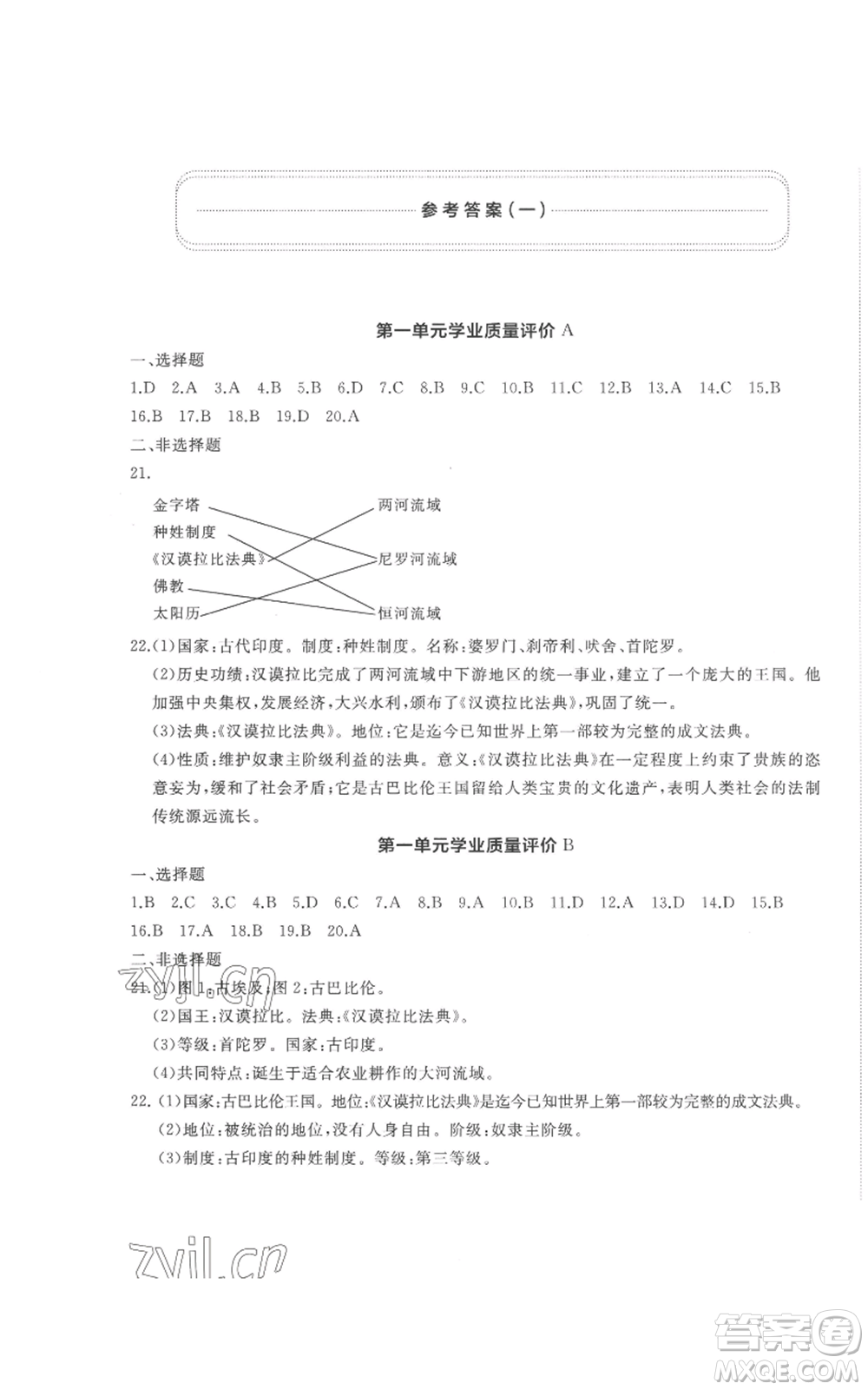 山東友誼出版社2022精練課堂分層作業(yè)九年級(jí)上冊(cè)世界歷史人教版參考答案