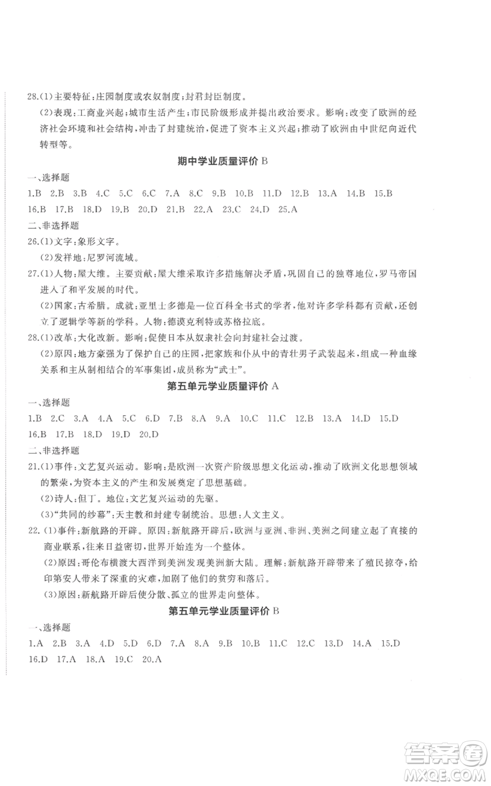 山東友誼出版社2022精練課堂分層作業(yè)九年級(jí)上冊(cè)世界歷史人教版參考答案