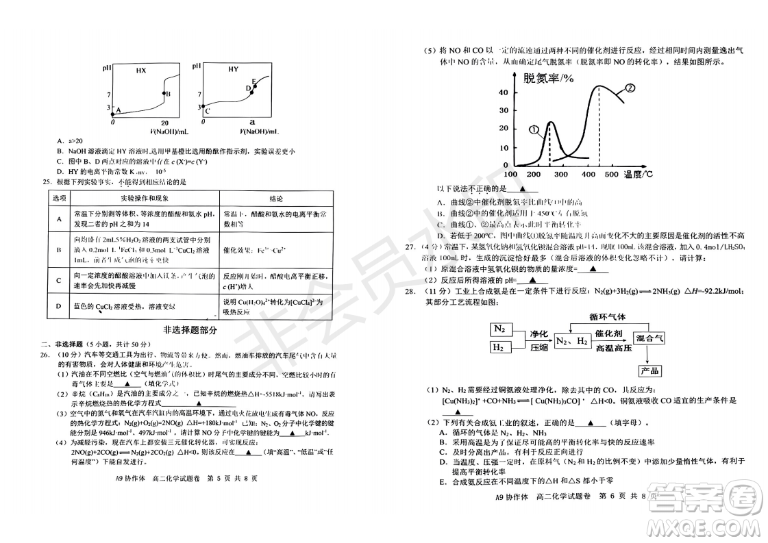 浙江省A9協(xié)作體2022學年第一學期期中聯(lián)考高二化學試題答案