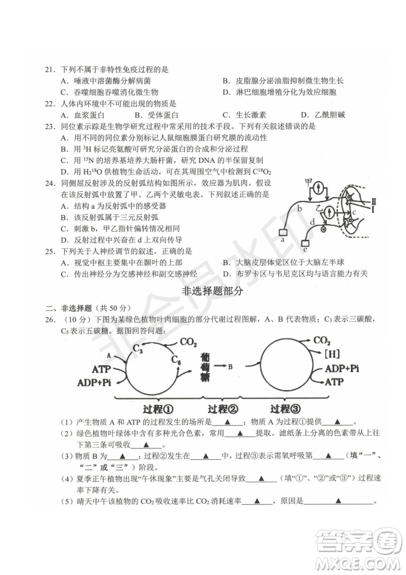 浙江省A9協(xié)作體2022學(xué)年第一學(xué)期期中聯(lián)考高二生物試題答案