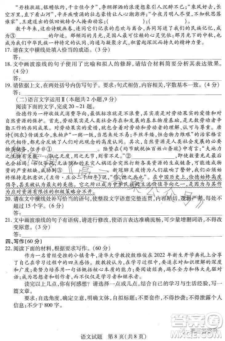 河南2022-2023學(xué)年高三年級(jí)上學(xué)期期中考試語(yǔ)文試卷答案