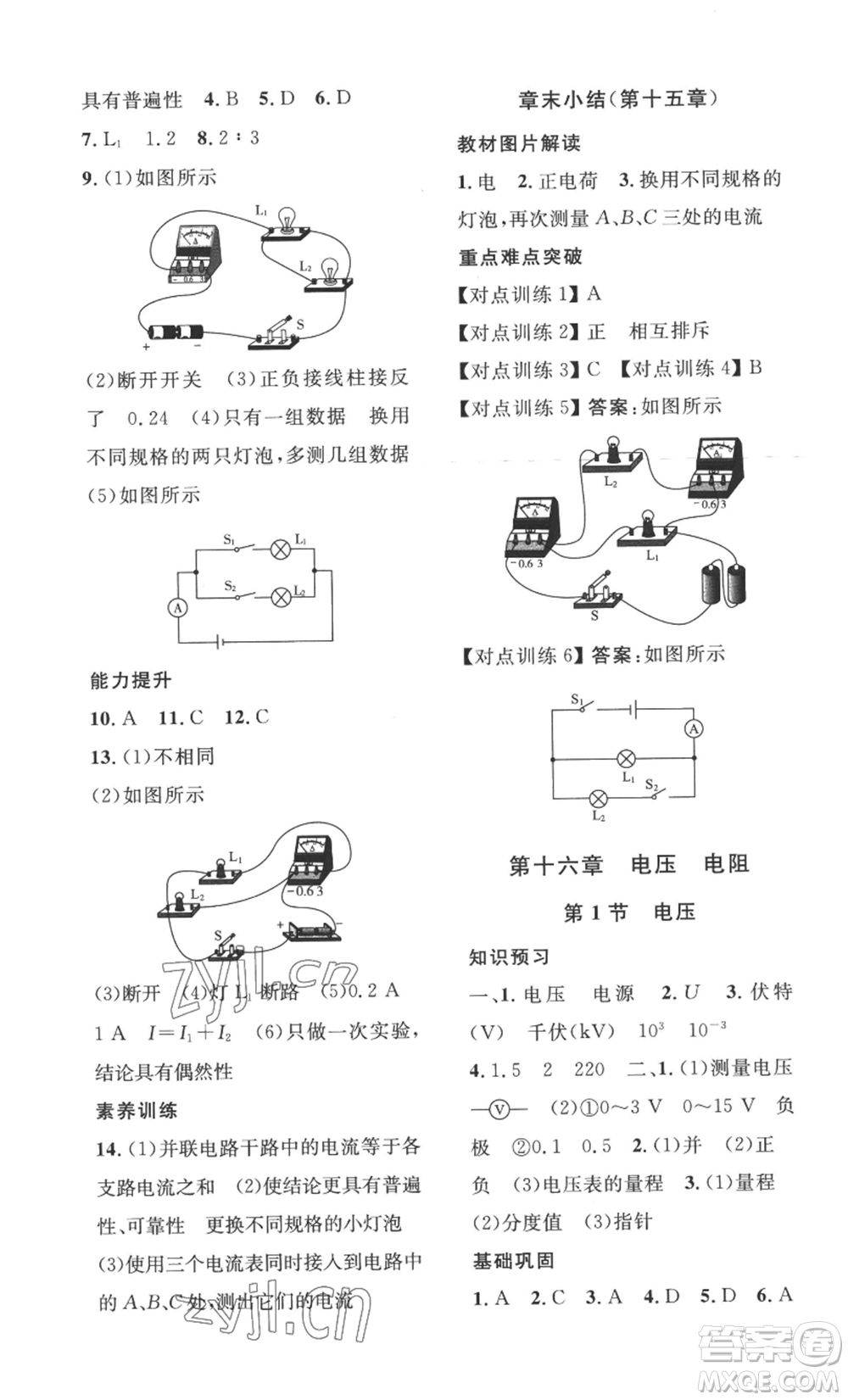 安徽人民出版社2022思路教練同步課時作業(yè)九年級物理人教版參考答案