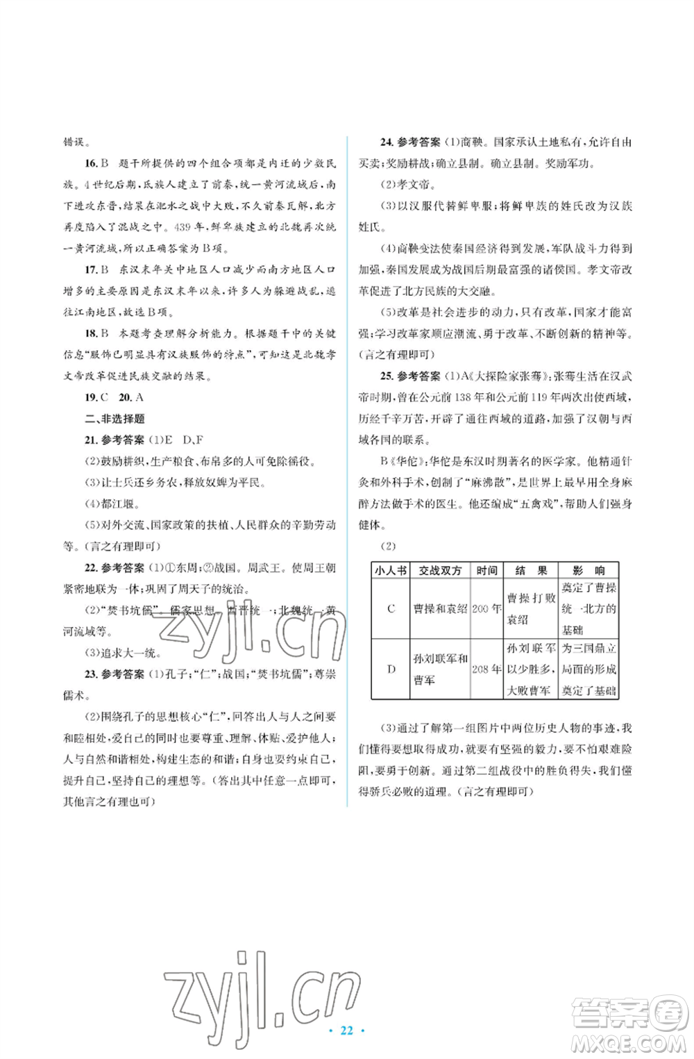 人民教育出版社2022人教金學(xué)典同步解析與測(cè)評(píng)學(xué)考練七年級(jí)上冊(cè)中國(guó)歷史人教版江蘇專版參考答案