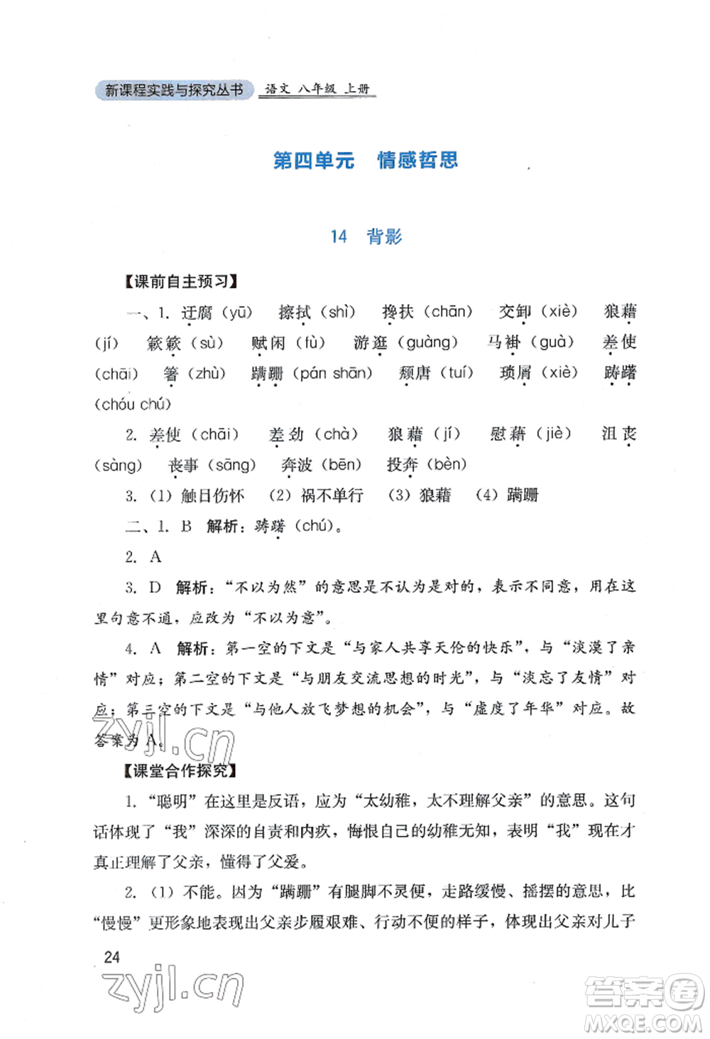 四川教育出版社2022新課程實(shí)踐與探究叢書八年級上冊語文人教版參考答案