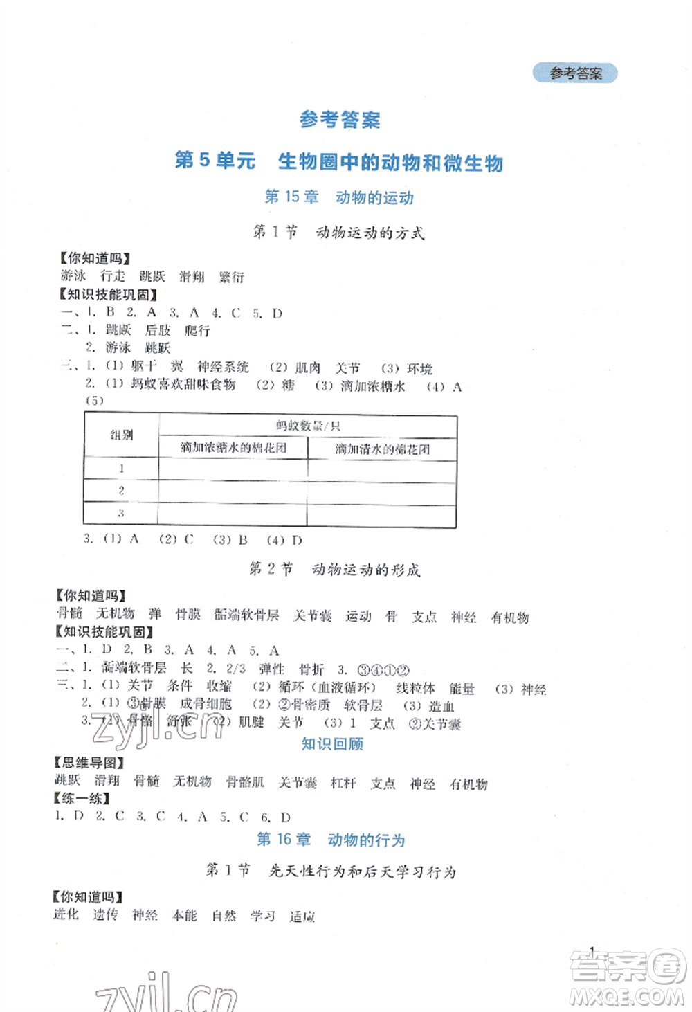 四川教育出版社2022新課程實(shí)踐與探究叢書八年級(jí)上冊(cè)生物北師大版參考答案