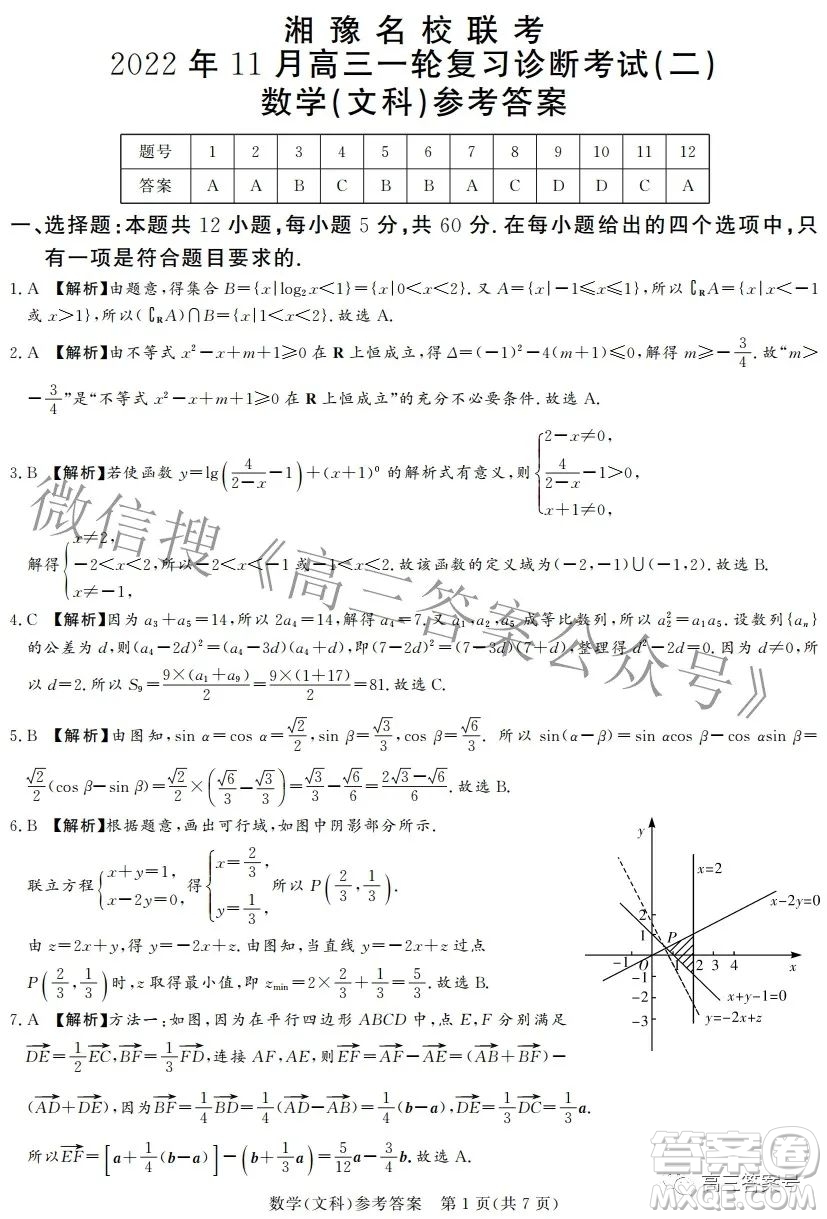 湘豫名校聯(lián)考2022年11月高三一輪復(fù)習(xí)診斷考試二數(shù)學(xué)文科試卷答案