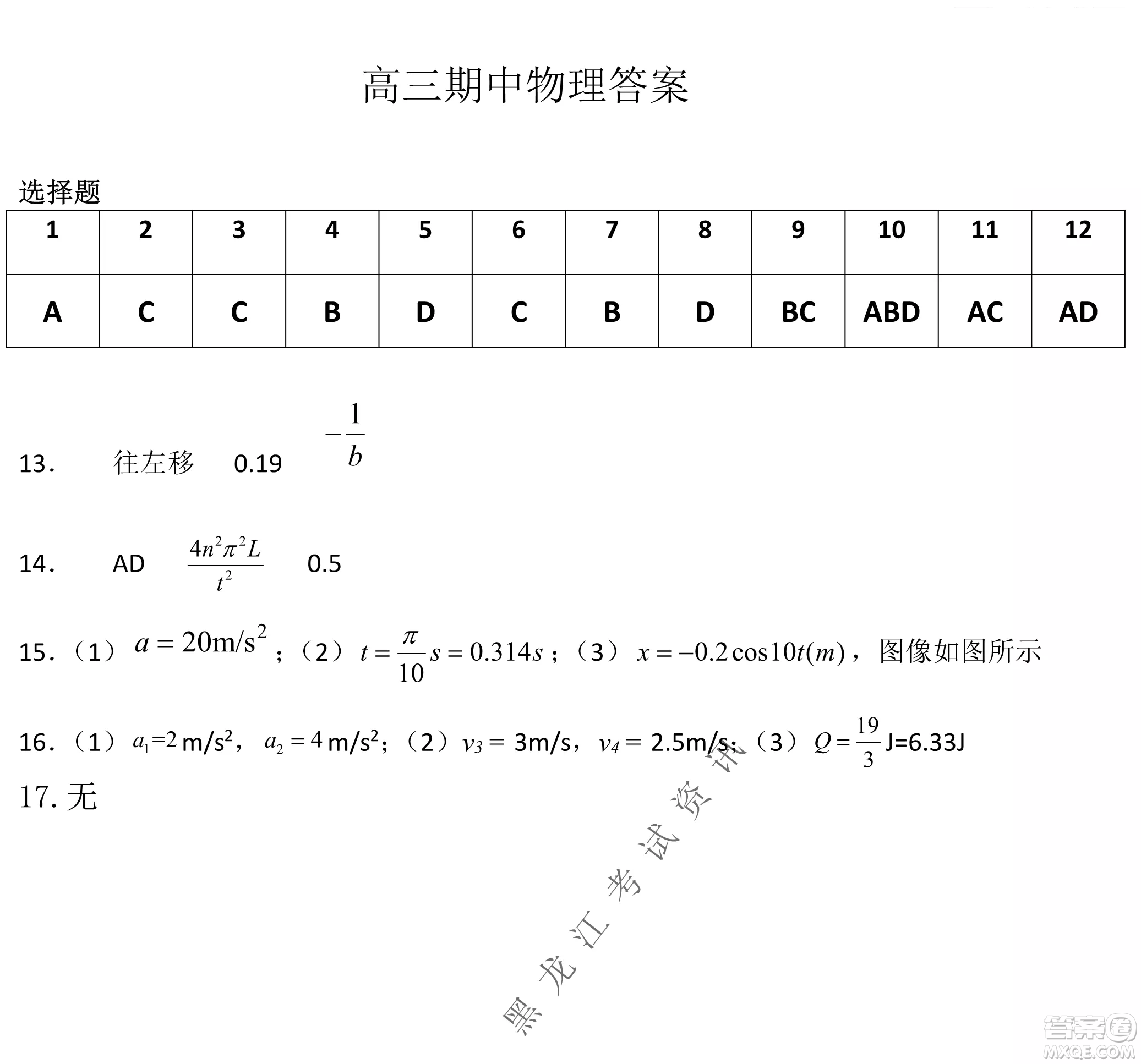 齊齊哈爾市部分地區(qū)高三上學(xué)期期中考試物理試題答案