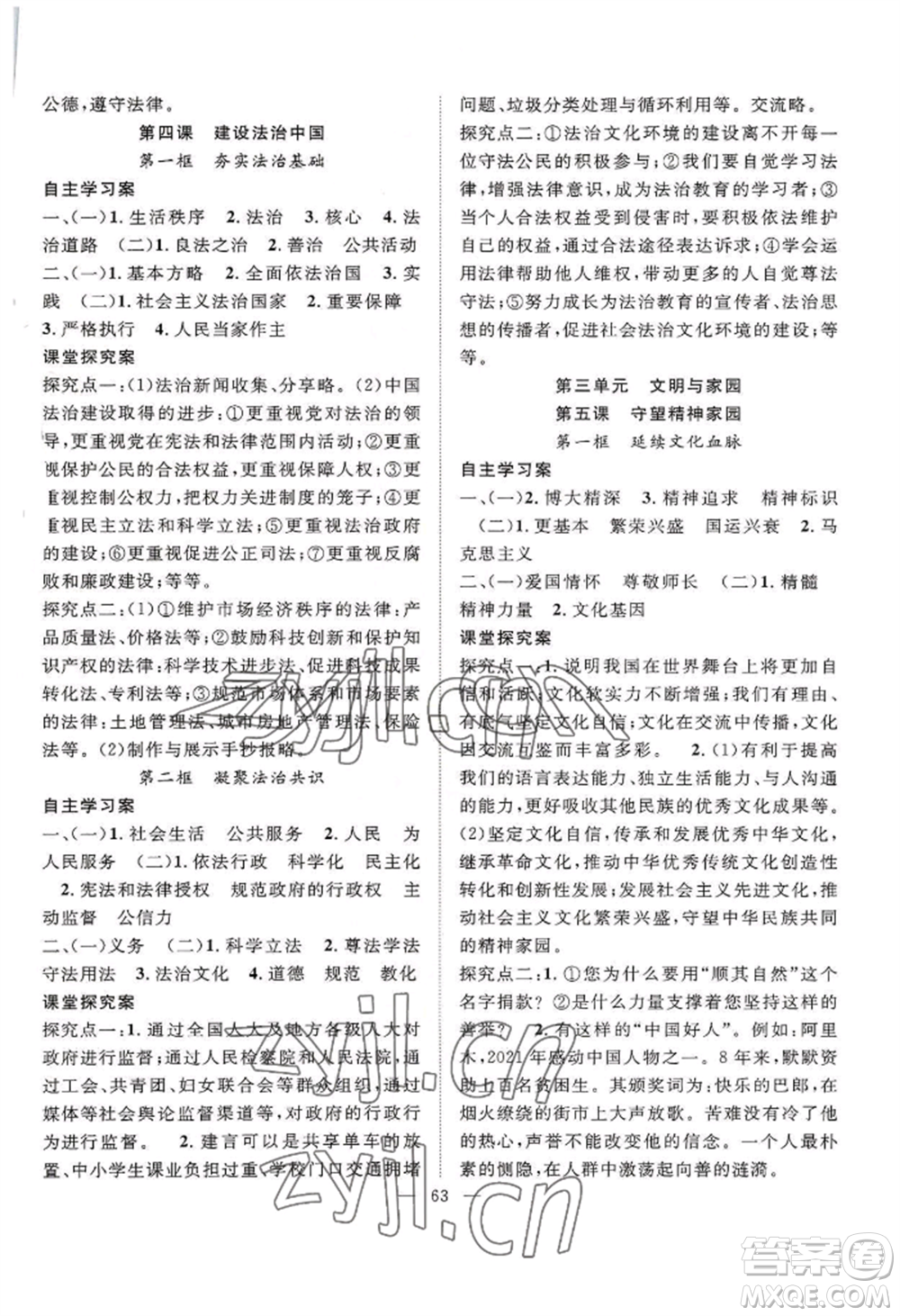 長江少年兒童出版社2022優(yōu)質(zhì)課堂導(dǎo)學(xué)案B自主作業(yè)九年級道德與法治(1)人教版參考答案