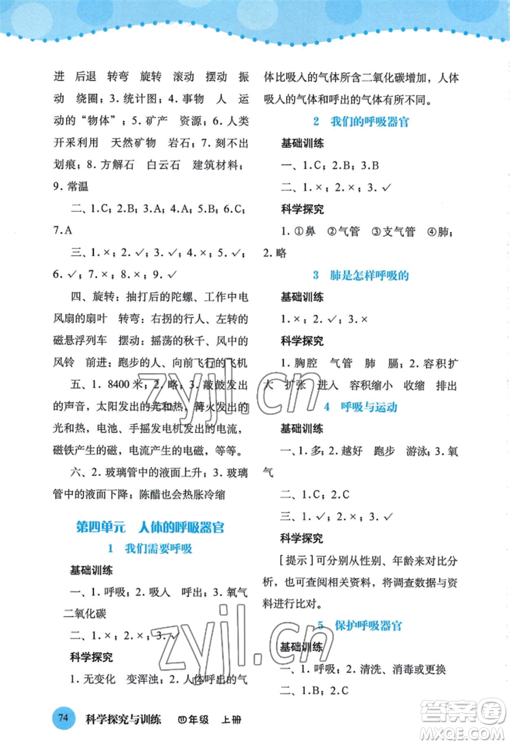 大象出版社2022科學探究與訓練四年級上冊通用版參考答案