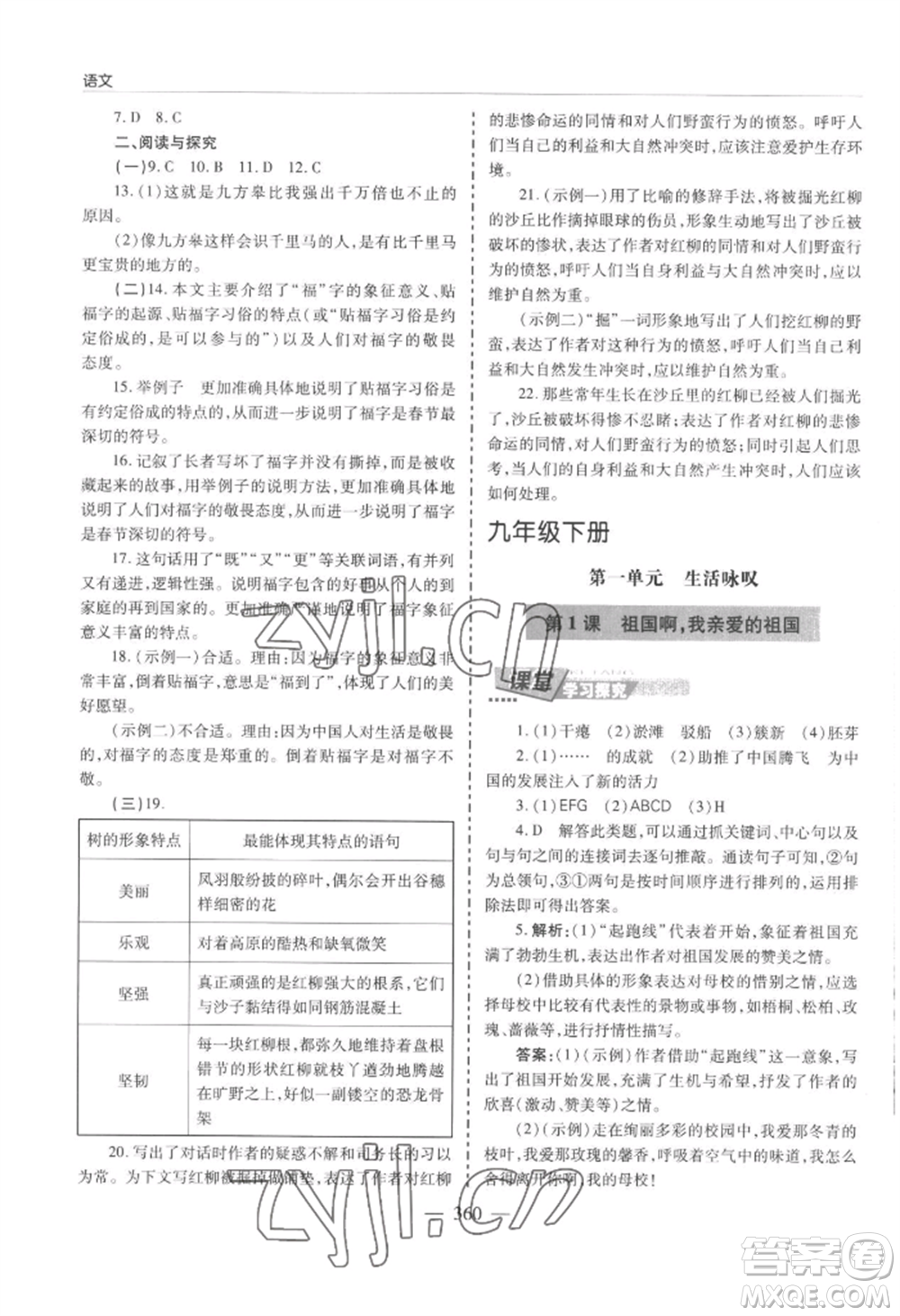 青島出版社2022新課堂學(xué)習(xí)與探究九年級(jí)語(yǔ)文人教版參考答案