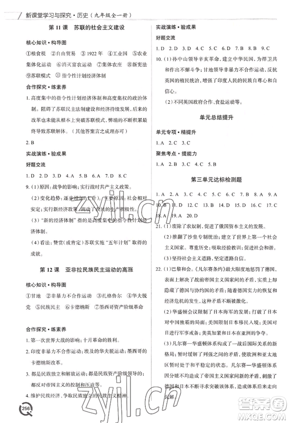 青島出版社2022新課堂學(xué)習(xí)與探究九年級(jí)歷史人教版參考答案