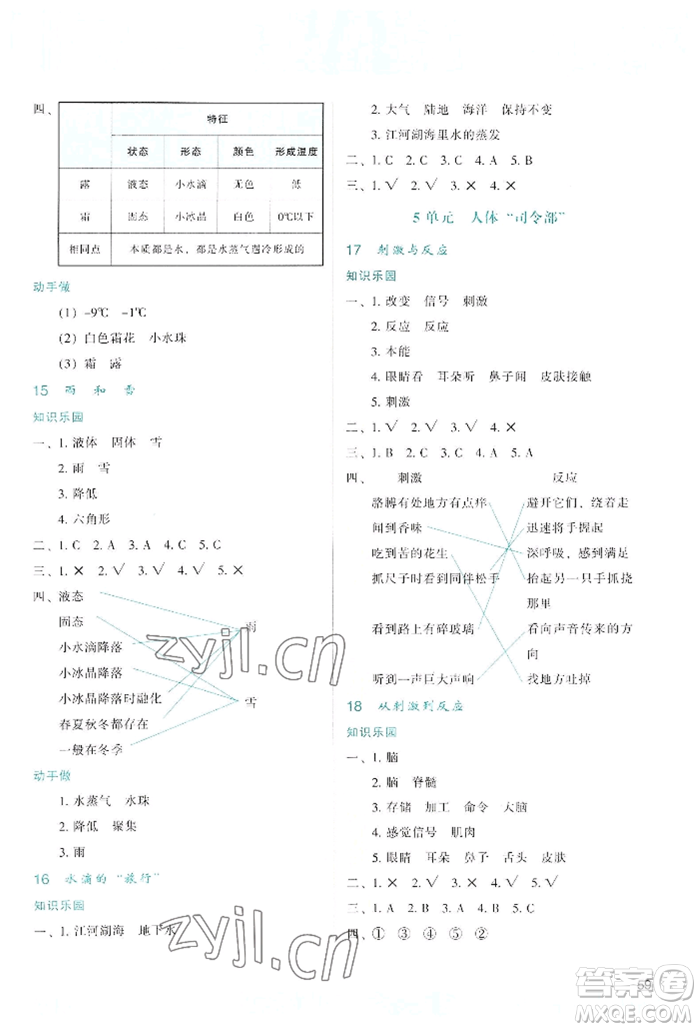 陜西人民教育出版社2022新課程學習與評價五年級上冊科學蘇教版參考答案