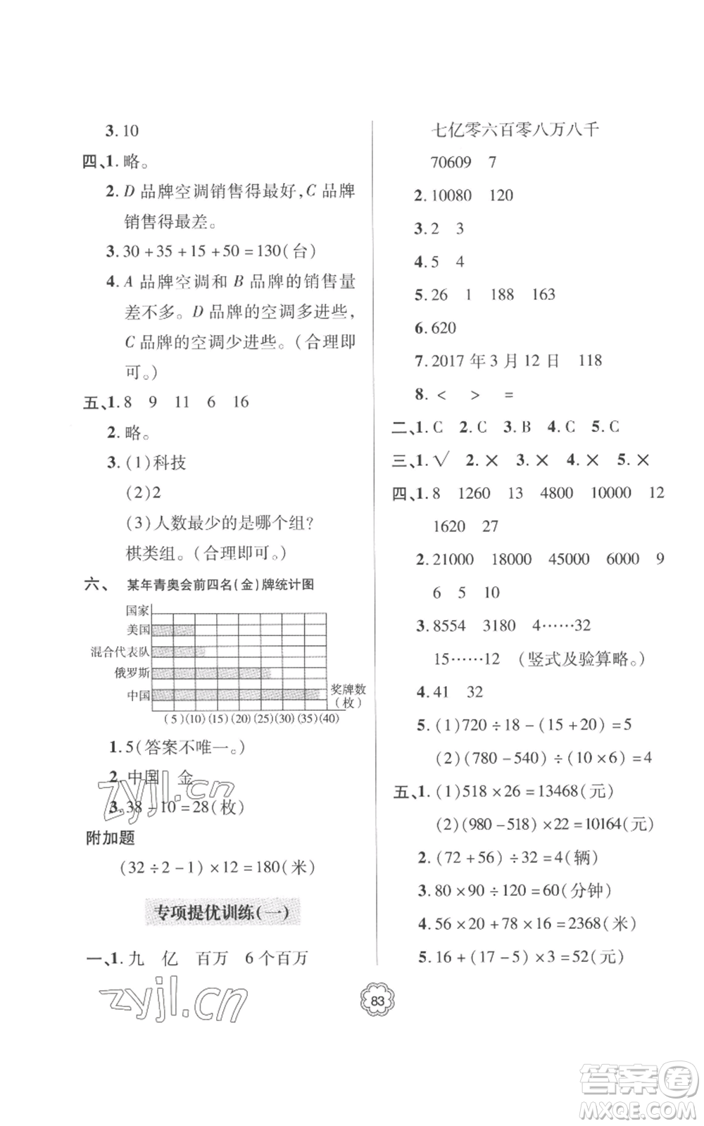 青島出版社2022新課堂同步學習與探究提優(yōu)訓練四年級上冊數學青島版參考答案