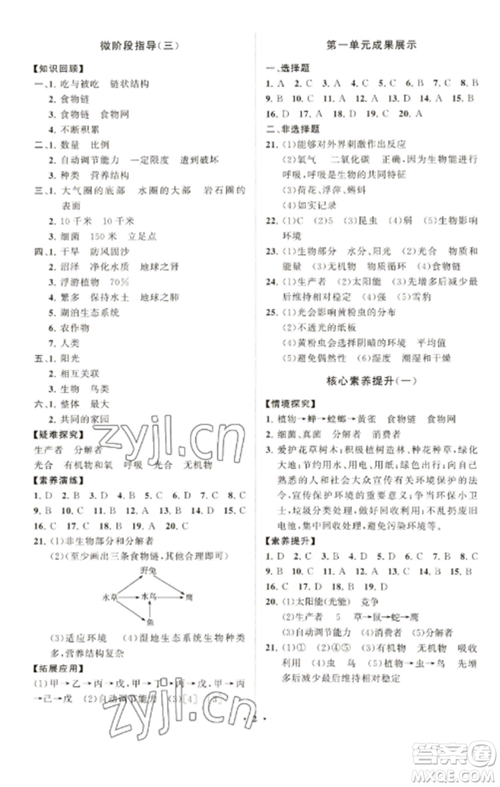 山東教育出版社2022初中同步練習冊分層卷七年級生物學上冊人教版參考答案