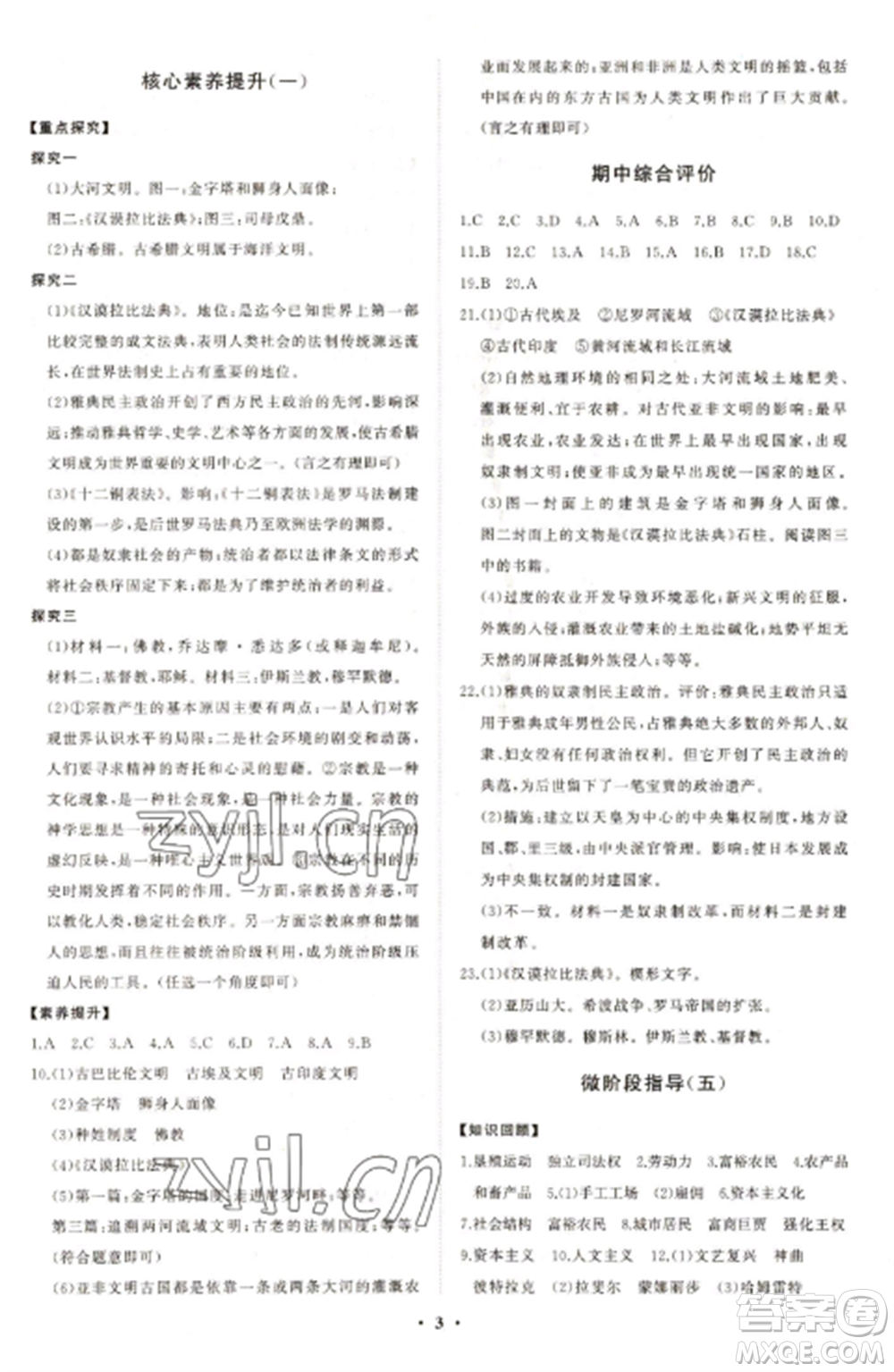 山東教育出版社2022初中同步練習冊分層卷八年級世界歷史第一冊人教版五四制參考答案