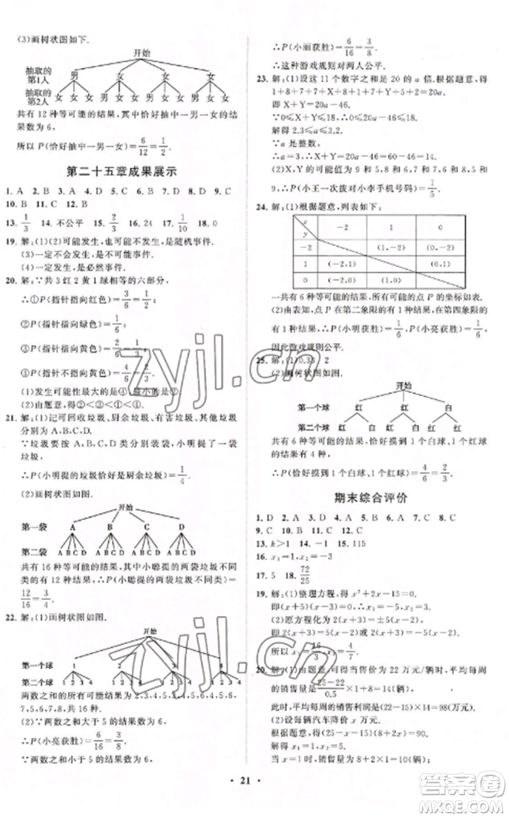 山東教育出版社2022初中同步練習(xí)冊分層卷九年級數(shù)學(xué)上冊人教版參考答案