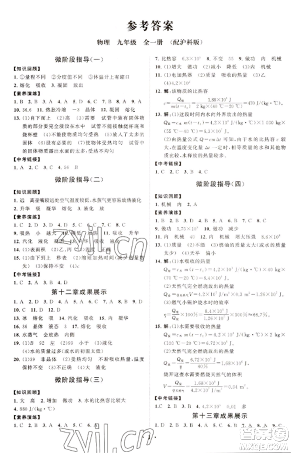 山東教育出版社2022初中同步練習(xí)冊(cè)分層卷九年級(jí)物理全冊(cè)滬科版參考答案