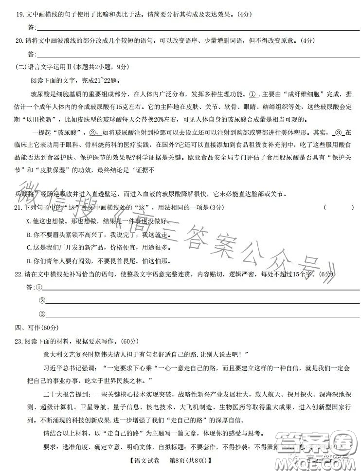 合肥九校2022-2023學年高三年級上學期階段聯(lián)考語文試卷答案