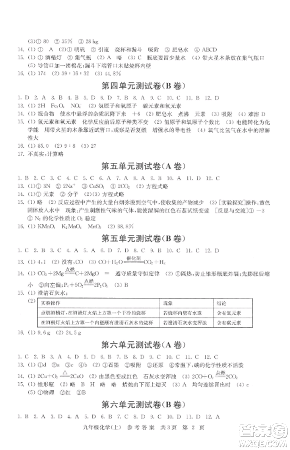 南京出版社2022伴你學單元達標測試卷九年級化學上冊人教版參考答案