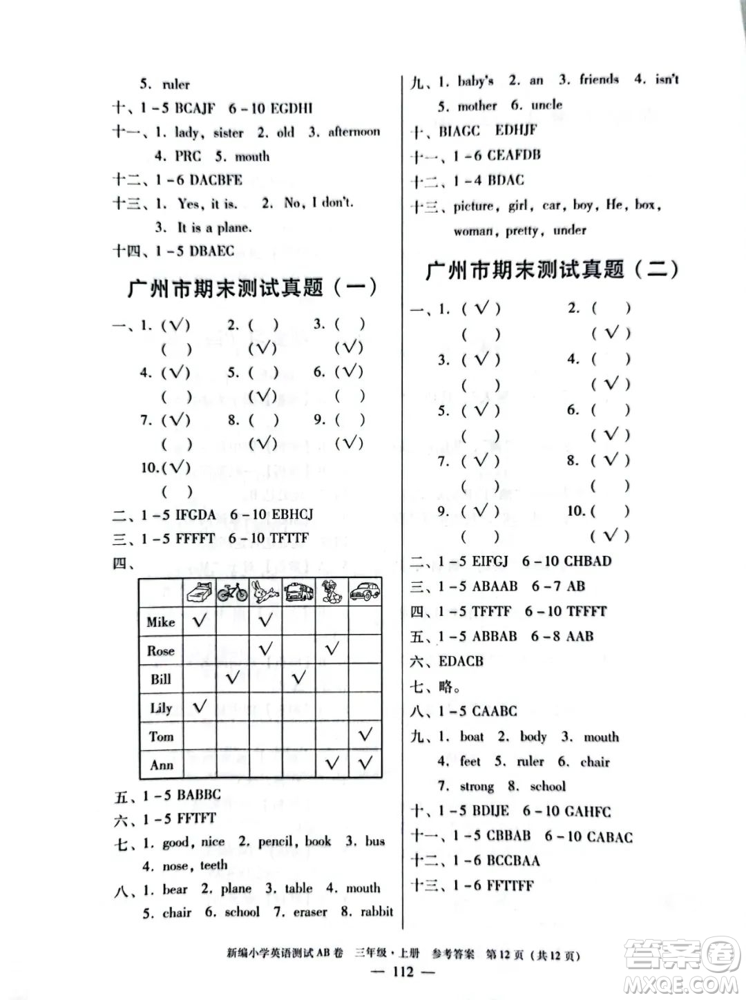 華南理工大學(xué)出版社2022新編小學(xué)英語測試AB卷三年級上冊廣州專版答案