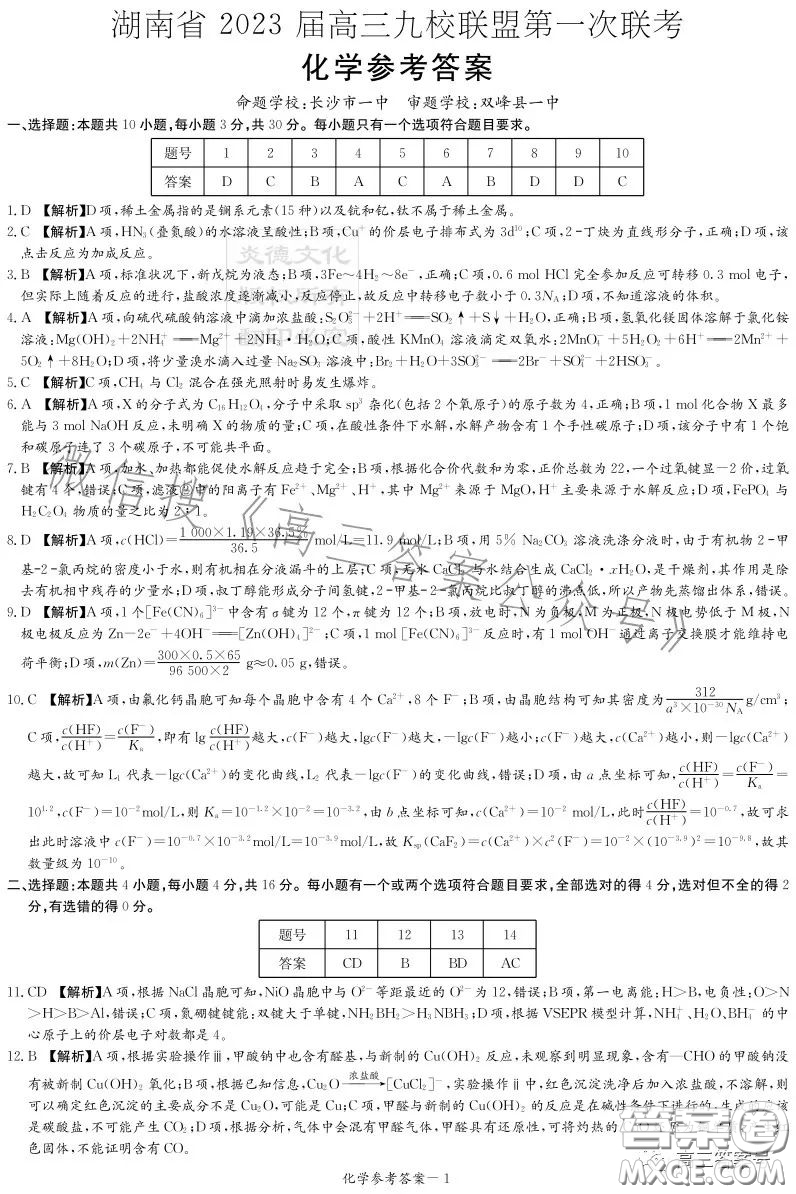 湖南省2023屆高三九校聯(lián)盟第一次聯(lián)考化學(xué)試卷答案