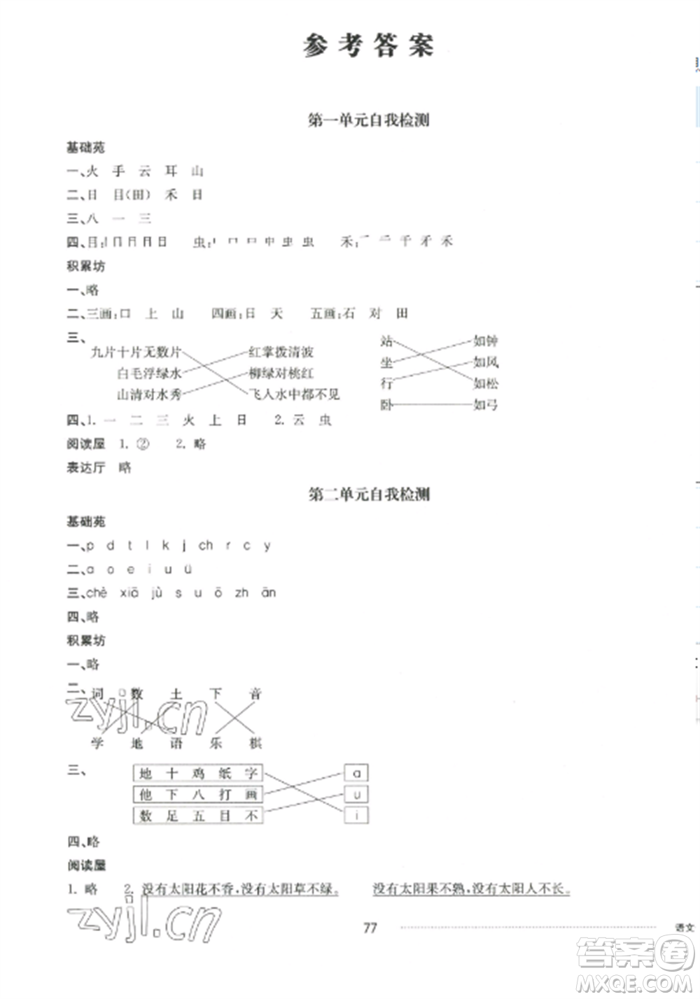 山東科學(xué)技術(shù)出版社2022同步練習(xí)冊配套單元自測卷一年級語文上冊人教版參考答案