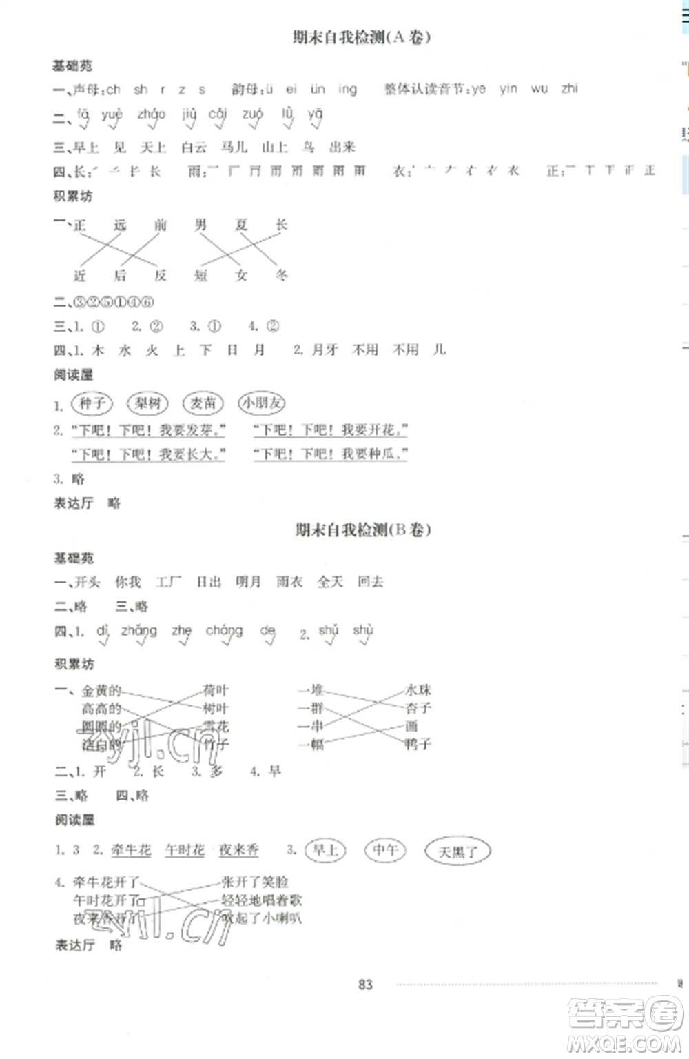 山東科學(xué)技術(shù)出版社2022同步練習(xí)冊配套單元自測卷一年級語文上冊人教版參考答案