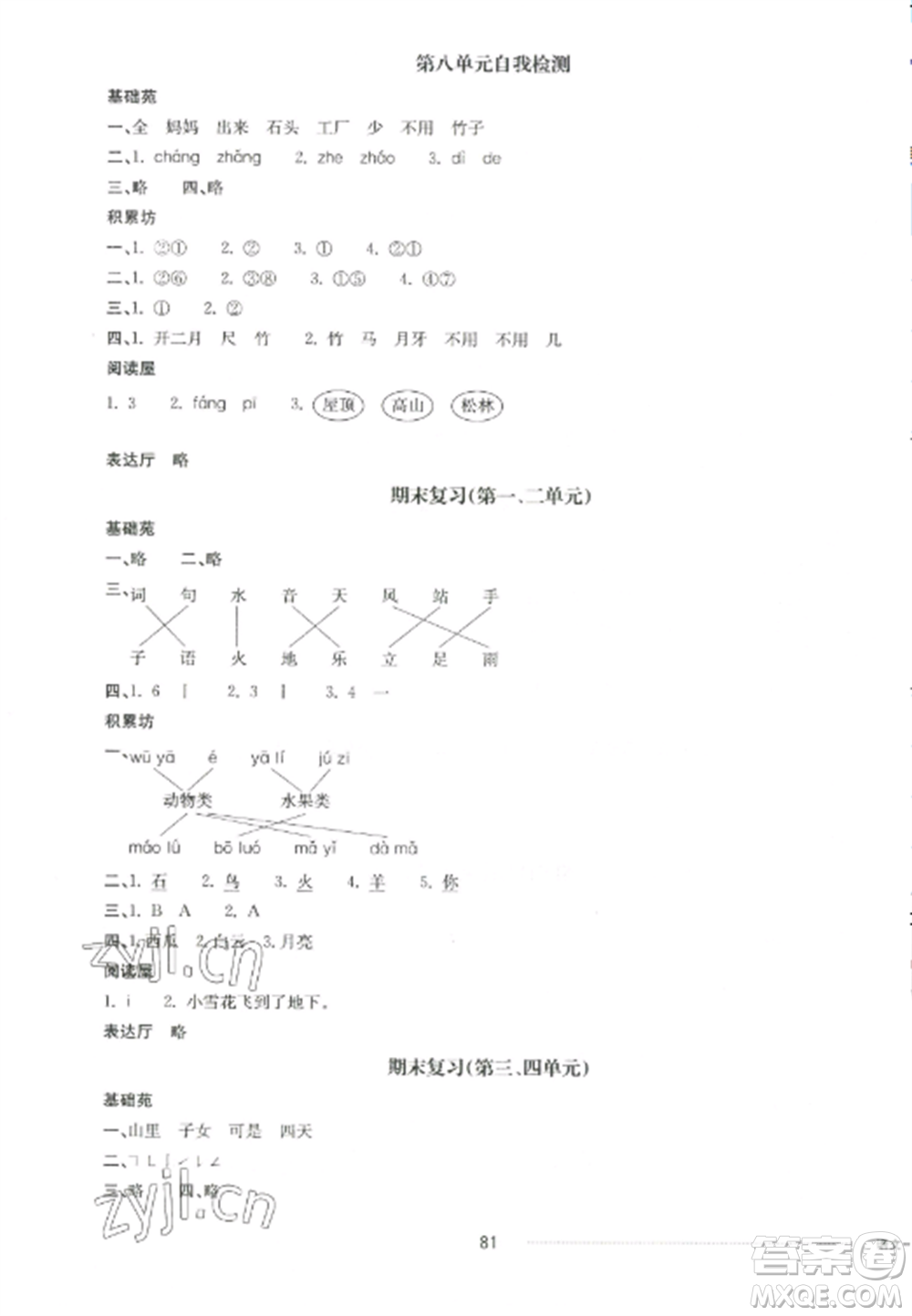 山東科學(xué)技術(shù)出版社2022同步練習(xí)冊配套單元自測卷一年級語文上冊人教版參考答案