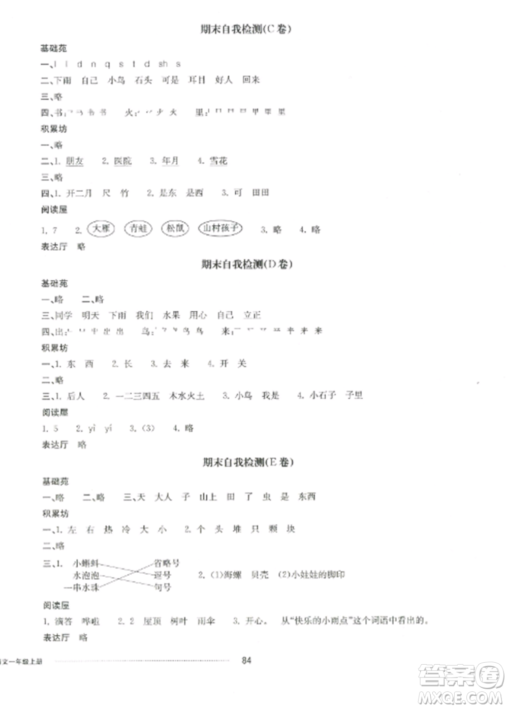 山東科學(xué)技術(shù)出版社2022同步練習(xí)冊配套單元自測卷一年級語文上冊人教版參考答案