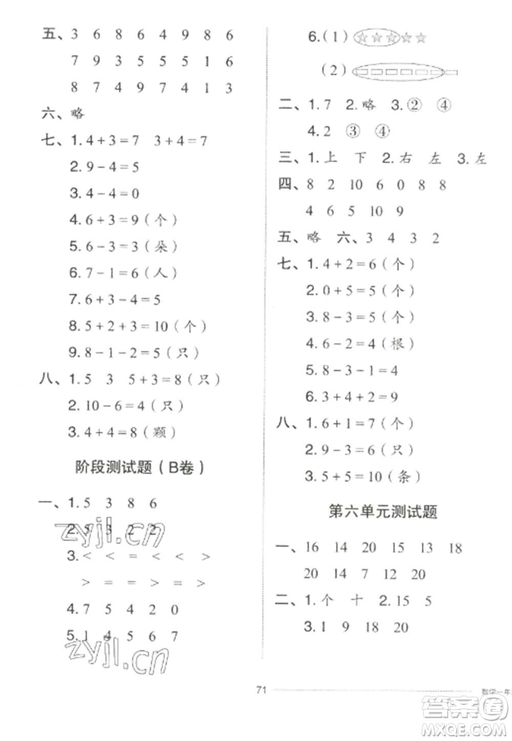 山東科學(xué)技術(shù)出版社2022同步練習(xí)冊配套單元自測卷一年級數(shù)學(xué)上冊人教版參考答案