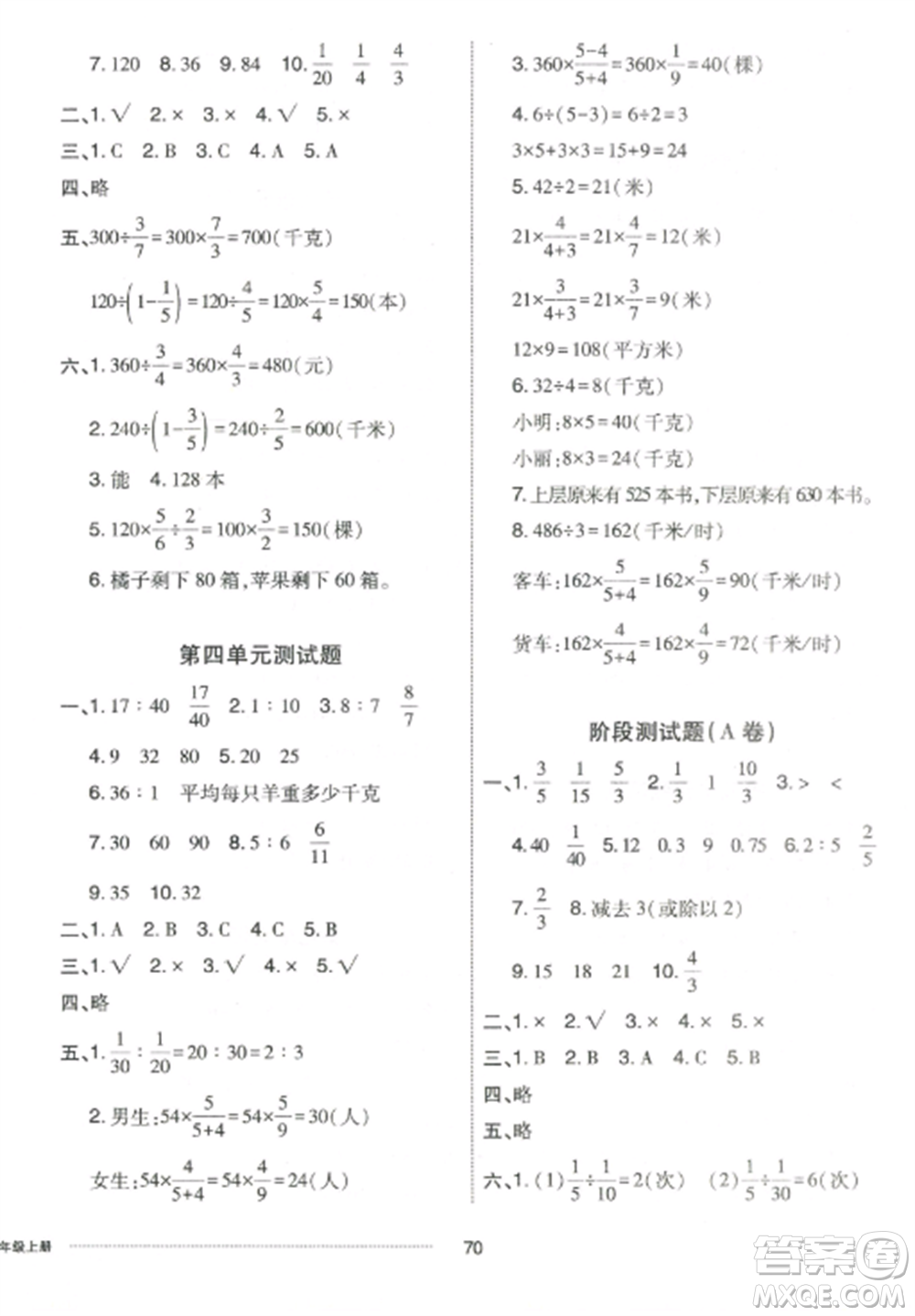 山東科學(xué)技術(shù)出版社2022同步練習(xí)冊配套單元自測卷六年級數(shù)學(xué)上冊人教版參考答案