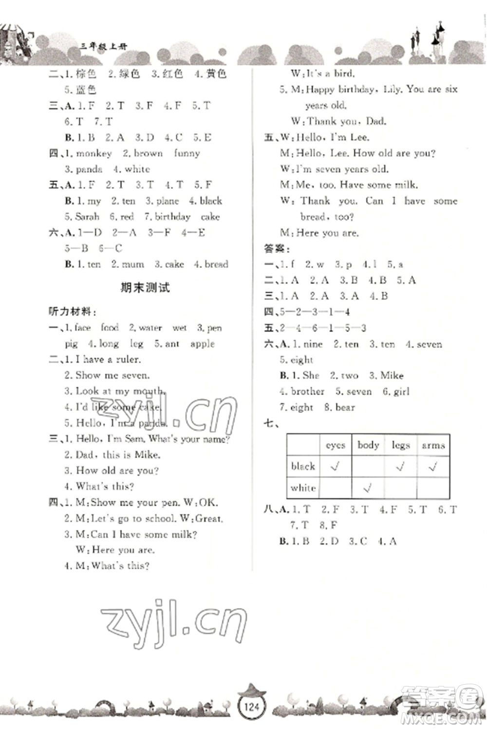 山東文藝出版社2022小學課堂同步訓練三年級英語上冊人教版參考答案