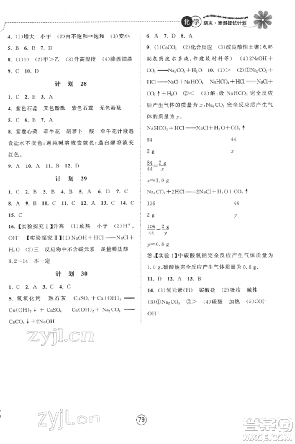 南京大學出版社2022期末寒假提優(yōu)計劃九年級化學全冊滬科版參考答案