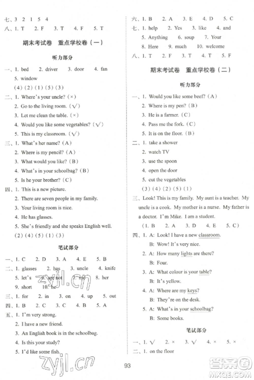 長(zhǎng)春出版社2022期末沖刺100分完全試卷四年級(jí)英語(yǔ)上冊(cè)人教版參考答案