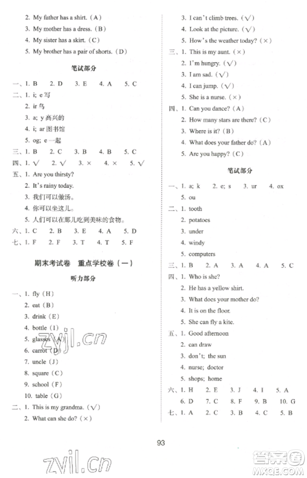 長春出版社2022期末沖刺100分完全試卷四年級英語上冊牛津版參考答案