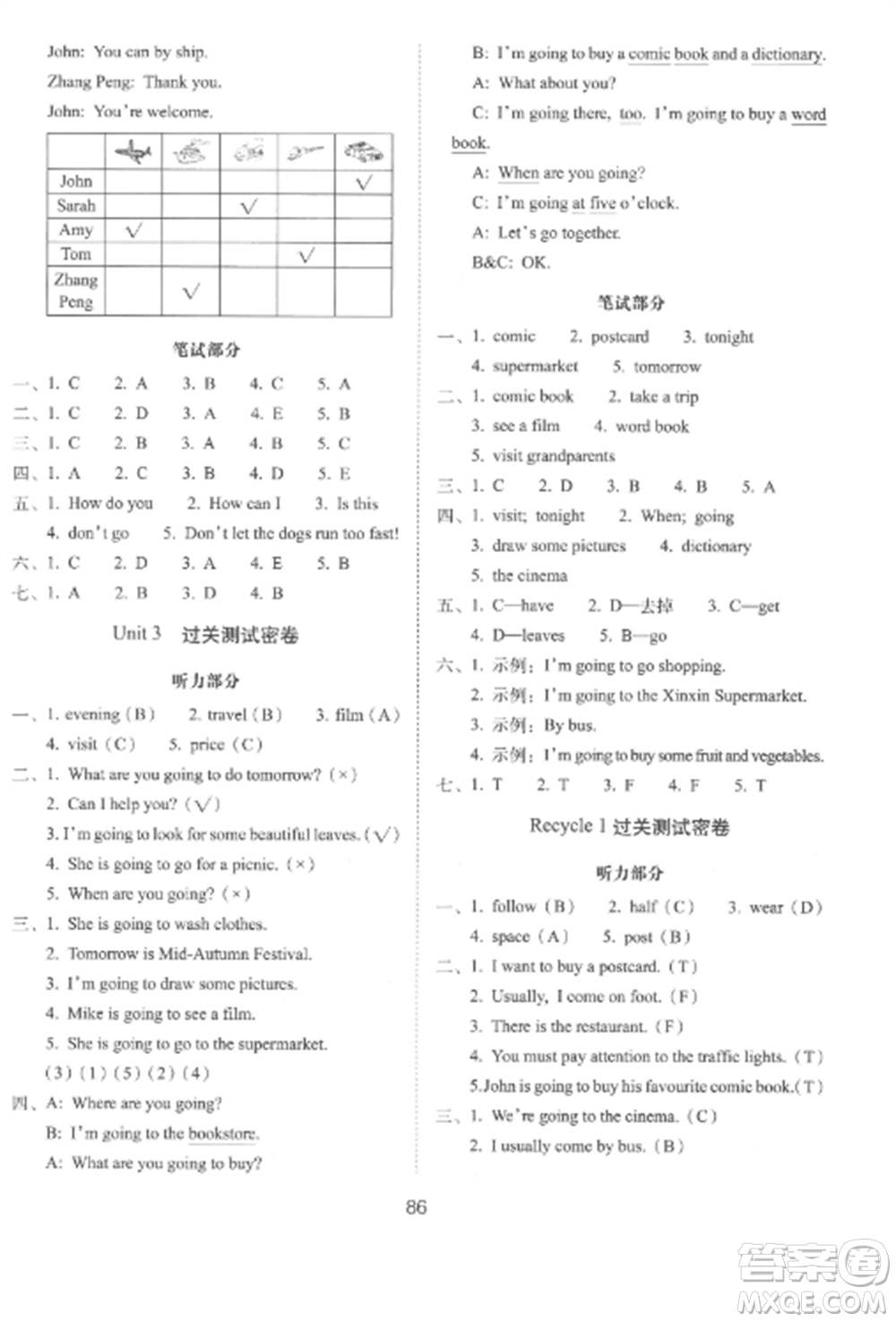 長(zhǎng)春出版社2022期末沖刺100分完全試卷六年級(jí)英語上冊(cè)人教版參考答案