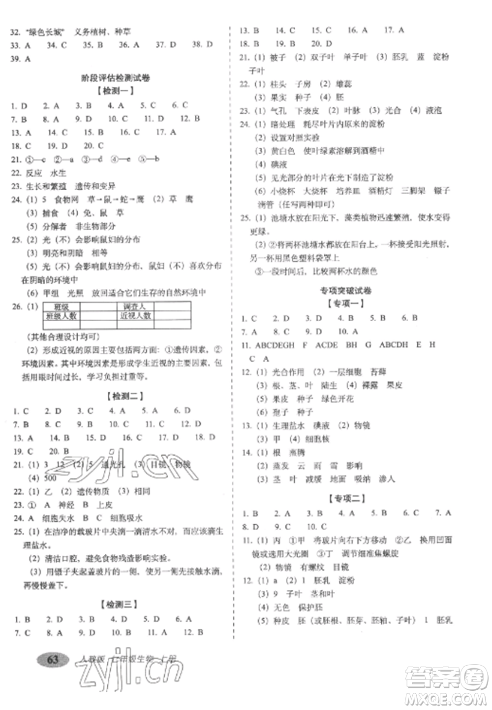 長春出版社2022聚能闖關(guān)100分期末復(fù)習(xí)沖刺卷七年級生物上冊人教版參考答案