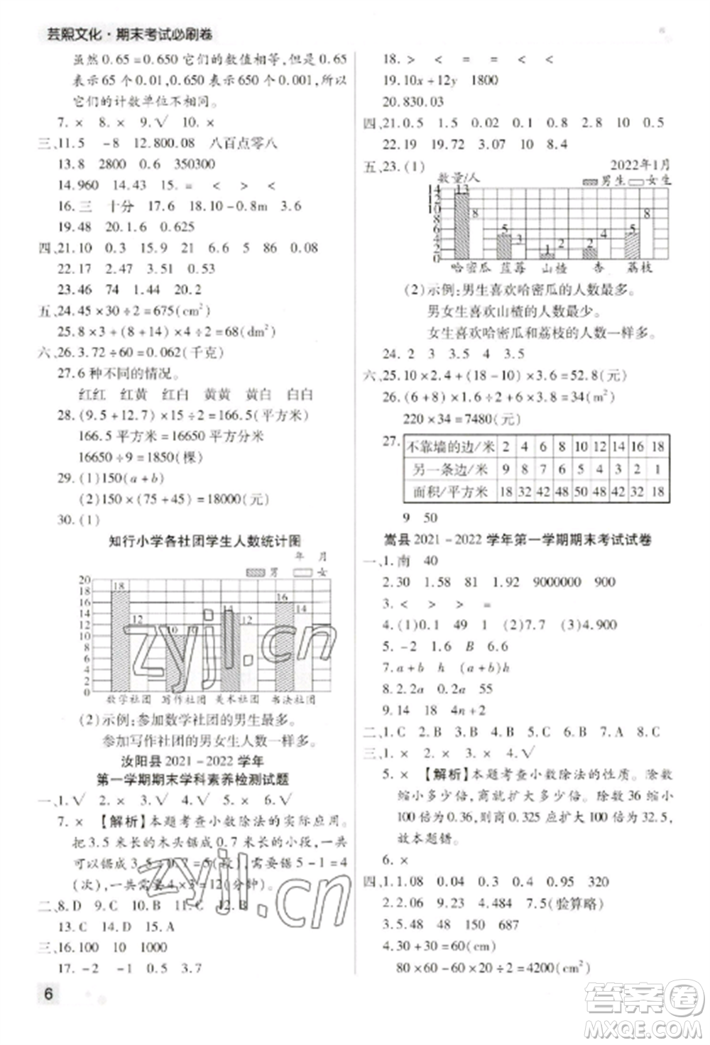 北方婦女兒童出版社2022期末考試必刷卷五年級數(shù)學(xué)上冊蘇教版九縣七區(qū)專版參考答案