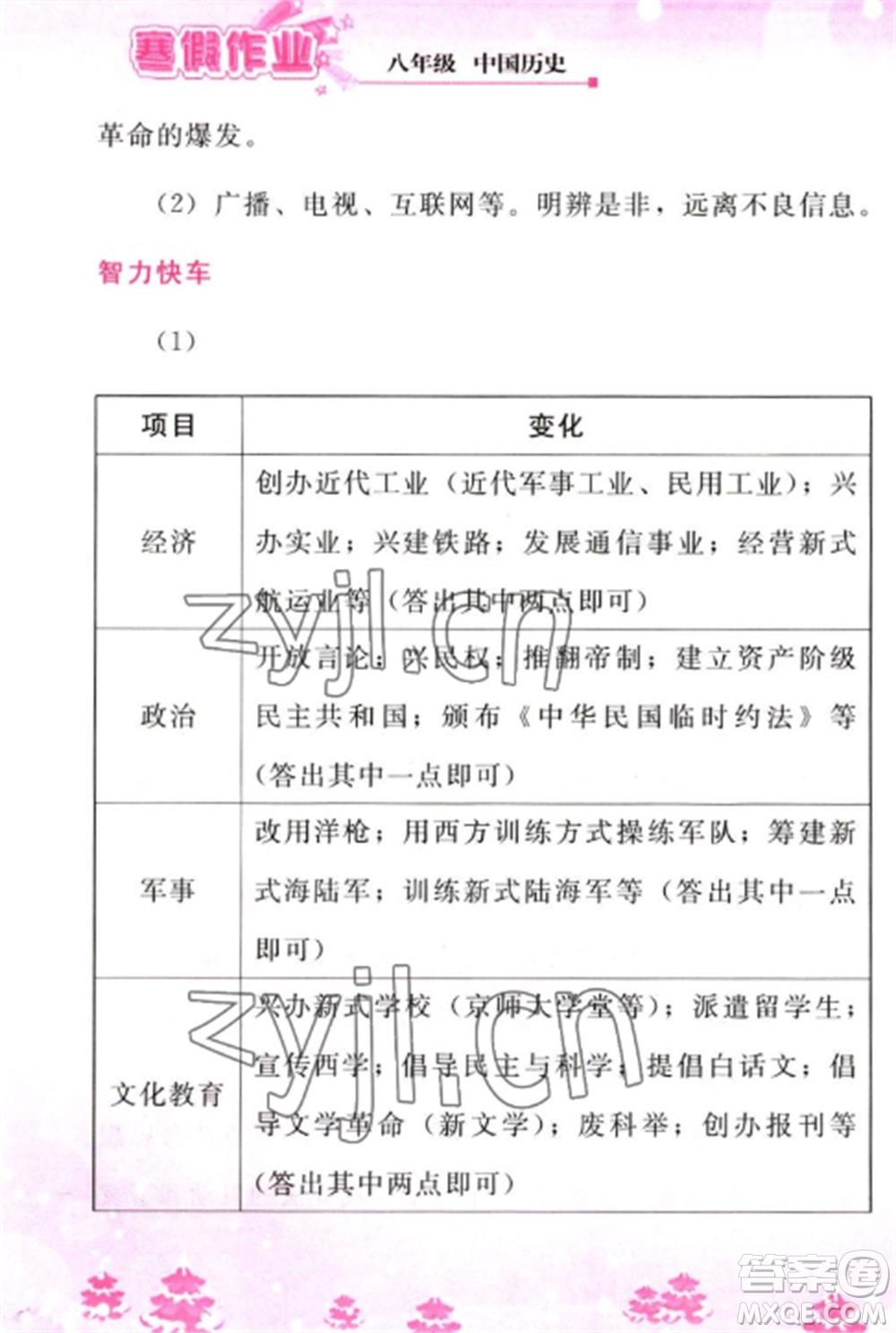 人民教育出版社2023寒假作業(yè)八年級(jí)歷史全冊(cè)人教版參考答案