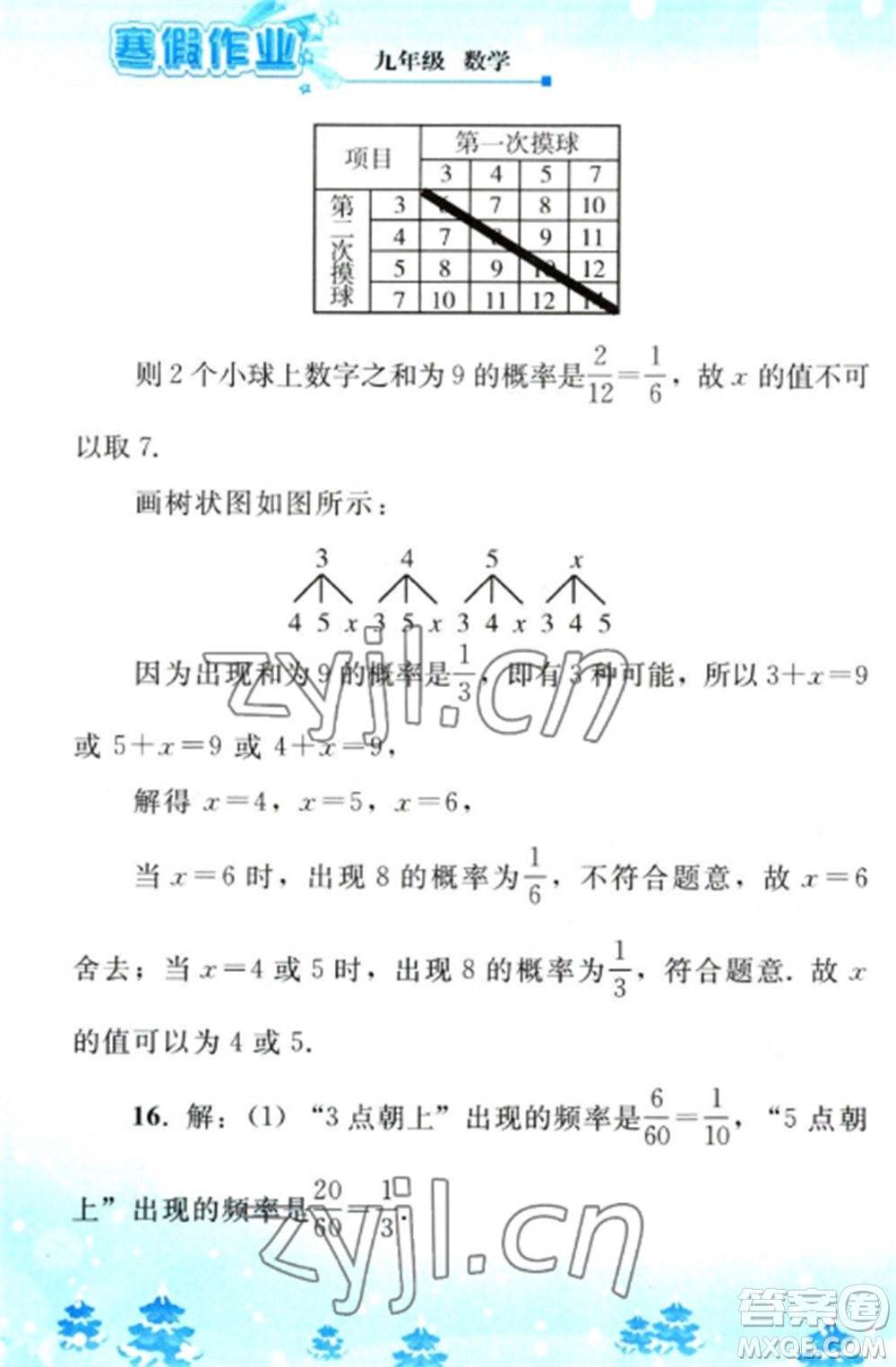 人民教育出版社2023寒假作業(yè)九年級(jí)數(shù)學(xué)全冊(cè)人教版參考答案