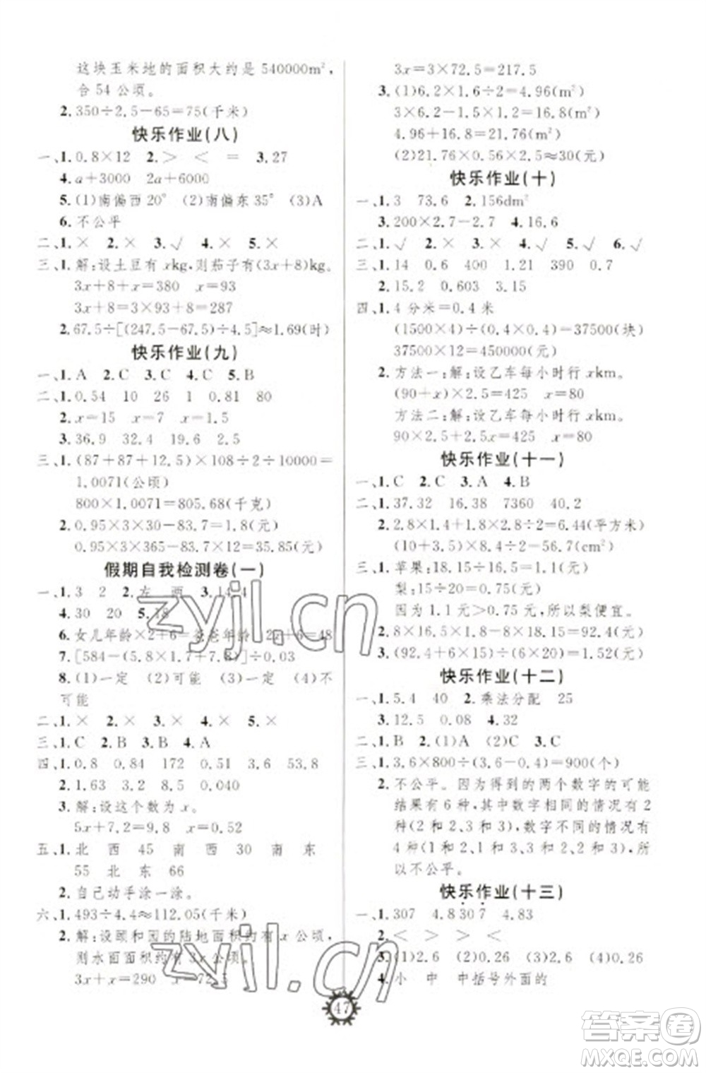 新疆文化出版社2023智多星假期作業(yè)快樂寒假五年級(jí)數(shù)學(xué)通用版參考答案