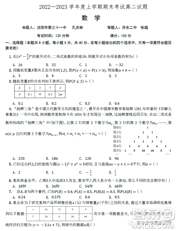 遼寧遼南協(xié)作校2022-2023學(xué)年高二上學(xué)期期末考試數(shù)學(xué)試題答案