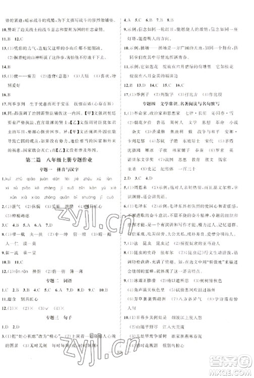 新疆青少年出版社2023寒假作業(yè)八年級語文人教版參考答案